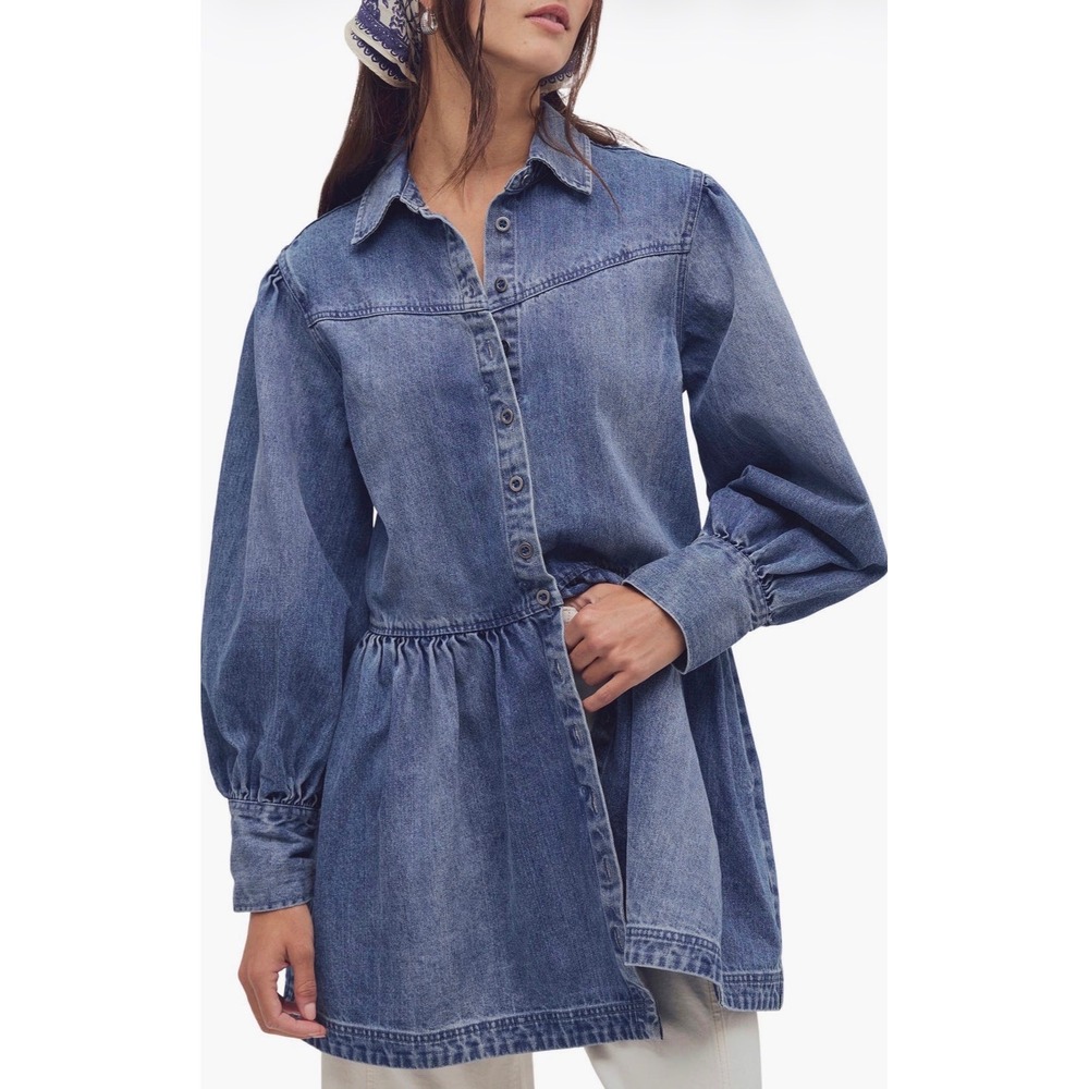 Free People Marris Denim Peplum Mini Button Down Puff Sleeve Dress NWOT